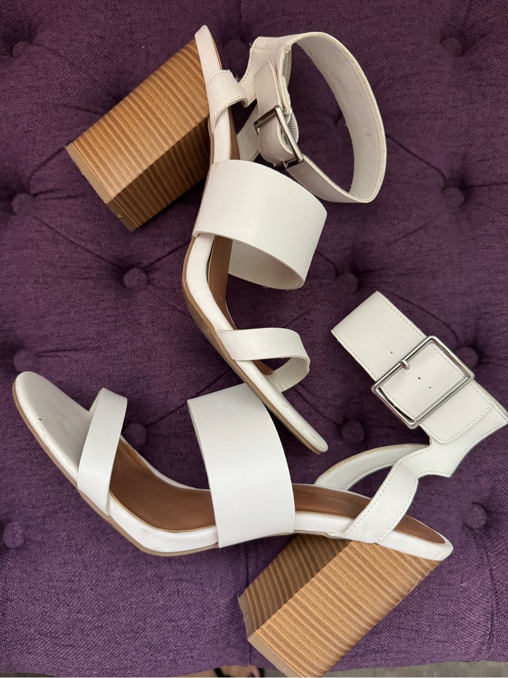 Women's White Block Heel Sandals with Wide Straps and Ankle Buckle